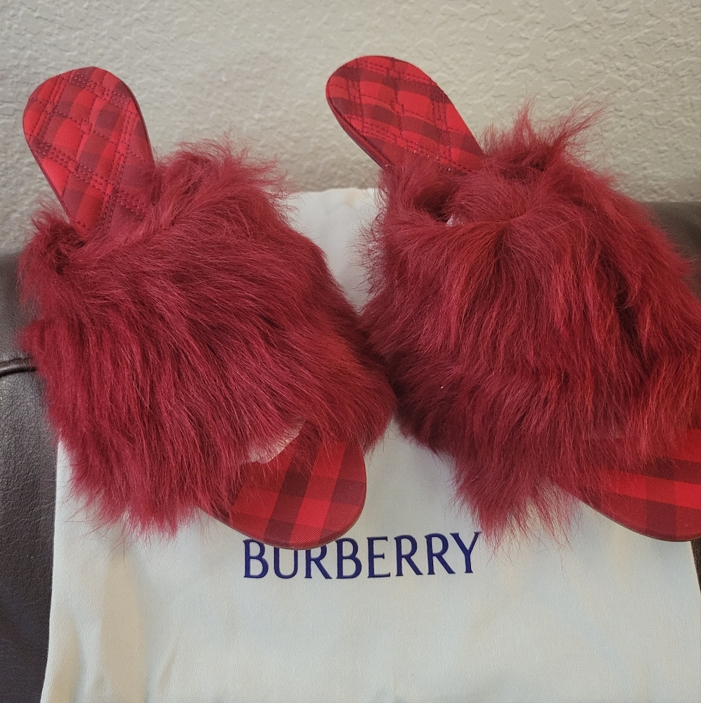 Burberry Jackie Shearling Sandals.